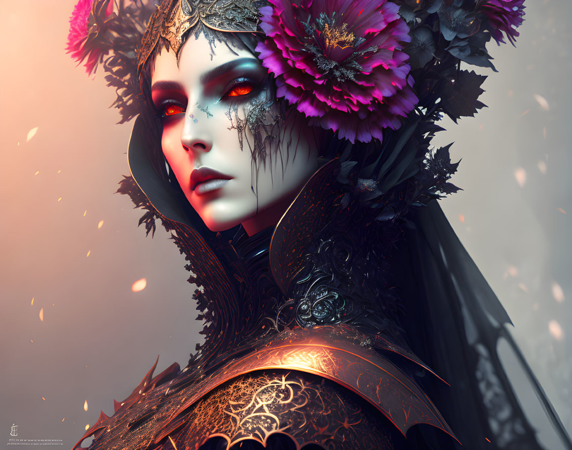 Digital artwork: Pale-skinned woman in floral headdress and dark armor with gold accents on soft,