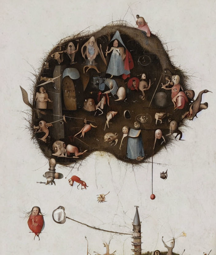 Fantastical painting with bizarre allegorical figures in dreamlike landscape