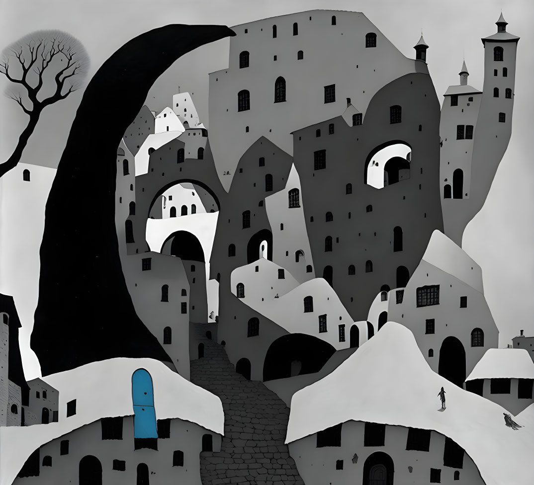 Surreal black and white illustration of clustered village with whimsical buildings and figure