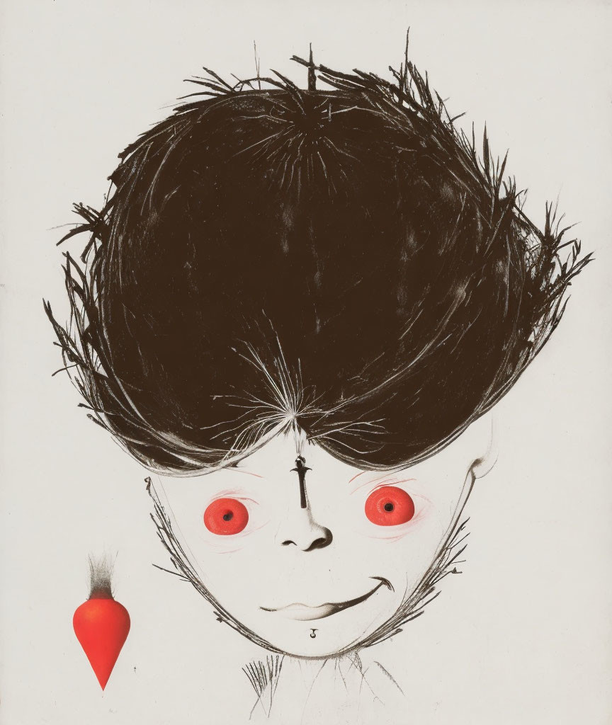 Monochrome sketch of whimsical character with spiky hair and red eyes