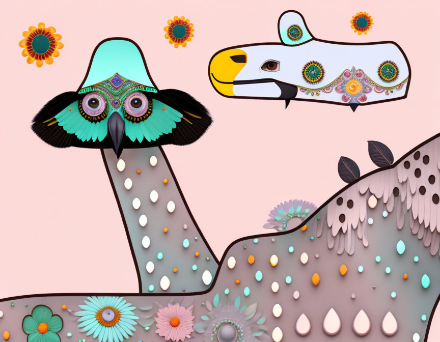 Fanciful creature with bird and dog-like features on pink background