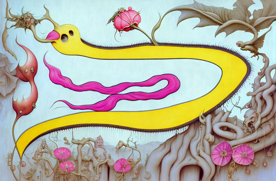 Colorful illustration: Yellow ribbon creature with bird head among whimsical flora.