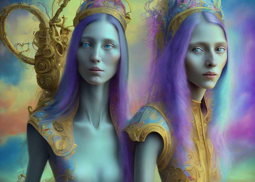 Blue-skinned fantasy figures with ornate gold headdresses in colorful sky.