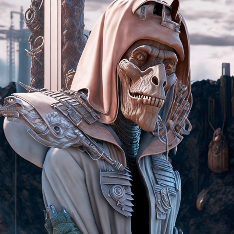 Skeletal-faced alien in cloak and armor in futuristic cityscape