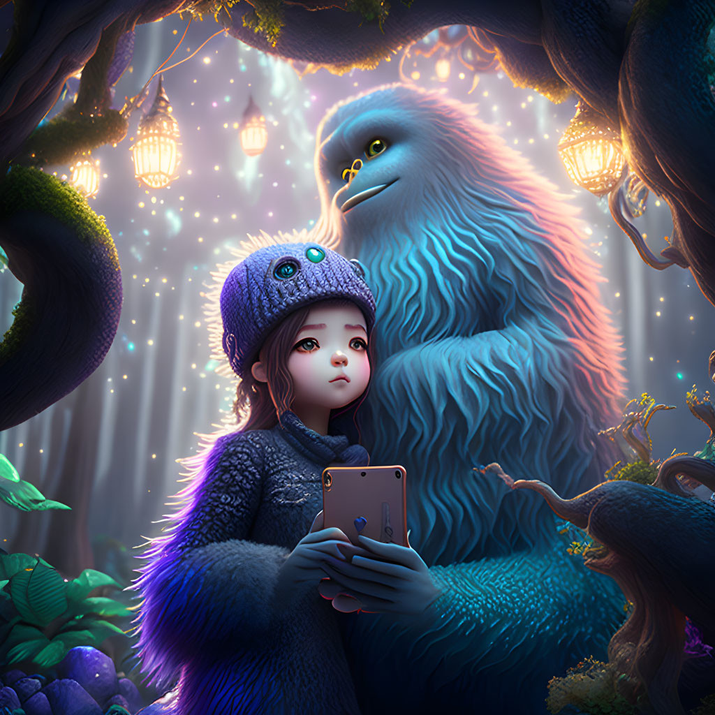 Girl in purple hat and blue creature in enchanted forest with glowing lanterns