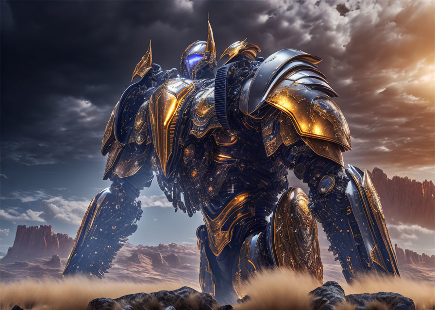 Giant armored robot with gold and blue plating in dramatic landscape