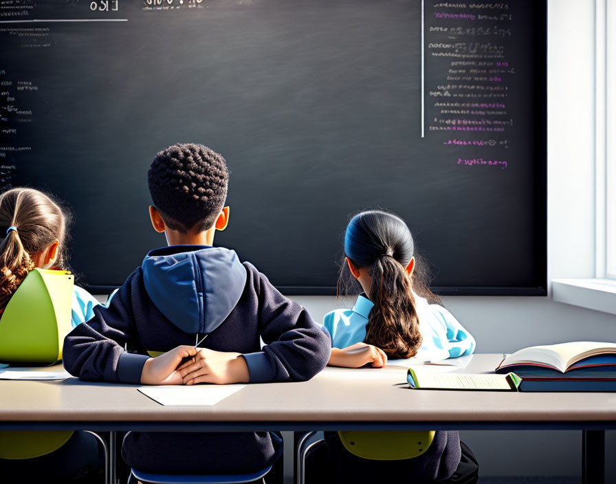 Three students studying math at desks in front of blackboard