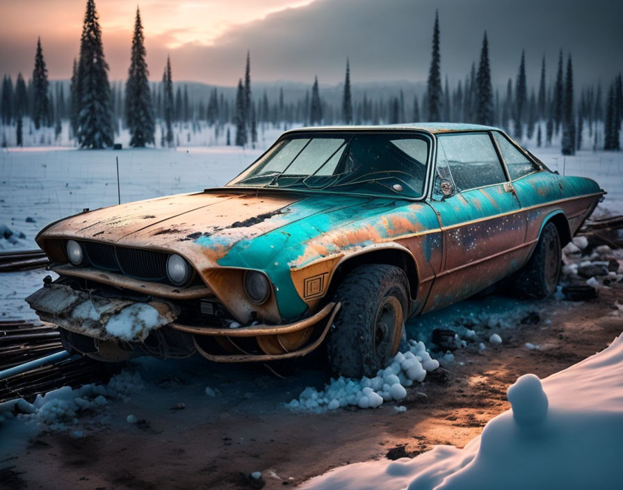 Rusted two-tone car in snowy landscape at dusk