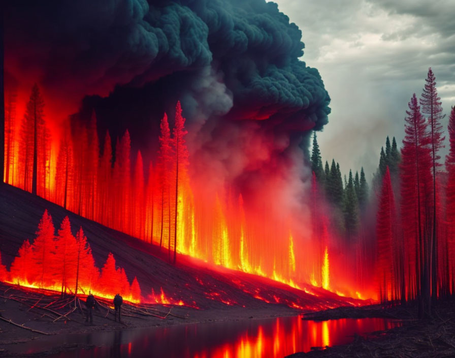 Raging forest wildfire with towering flames and thick smoke under dark sky reflected in water.