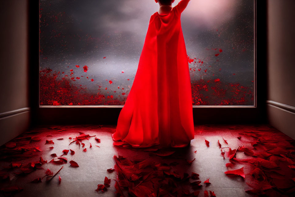 Person in flowing red gown by misted window with scattered red petals