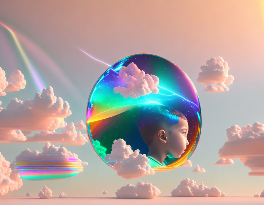 Child's Face Profile in Colorful Bubble Surrounded by Clouds and Rainbow