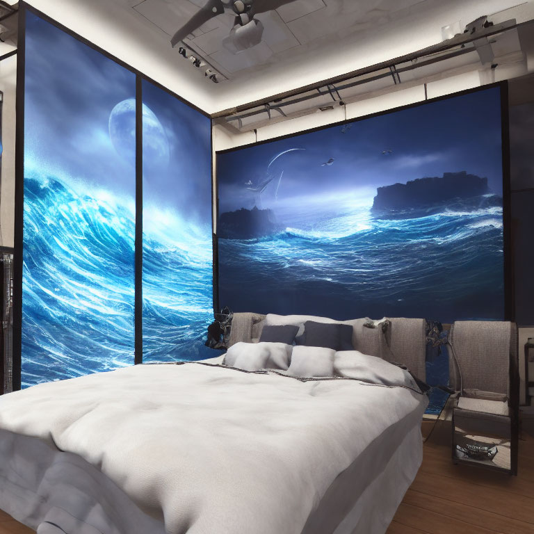 Modern Bedroom with Large Ocean-Themed Mural and White Bed