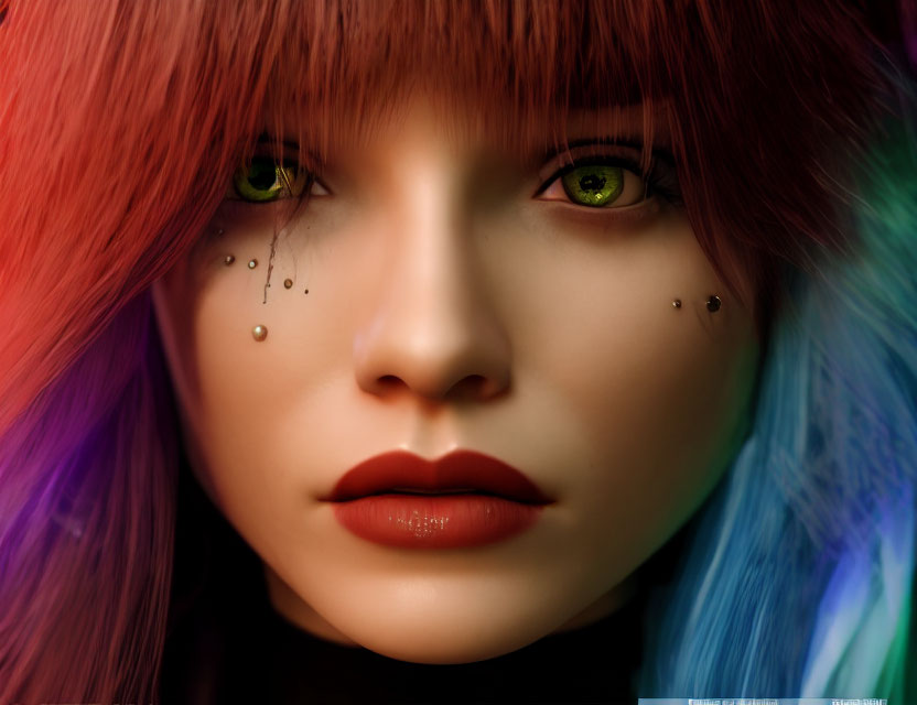 Vibrant rainbow-colored hair and green eyes with gemstone piercings