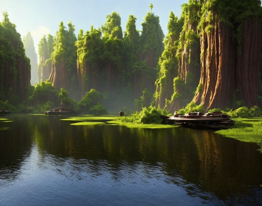 Ancient trees and serene river with boat under sunlight