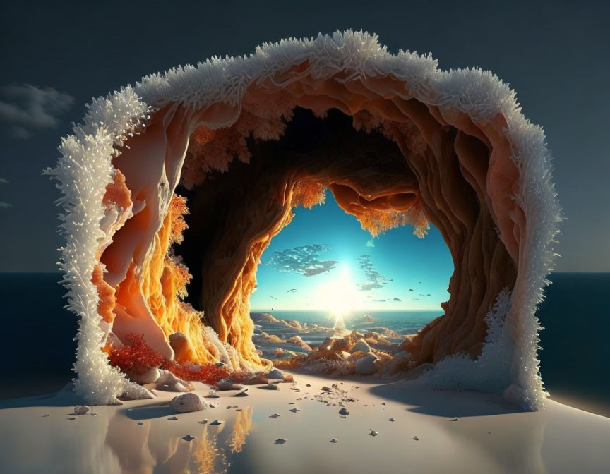 Surreal cave with orange crystals overlooking sea at sunrise.