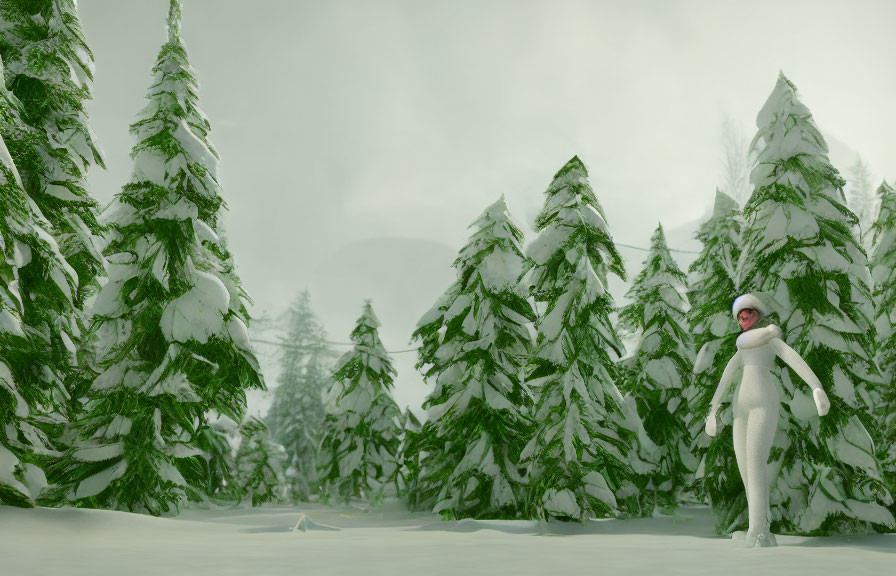 Person in white winter clothing blends into snowy pine forest landscape