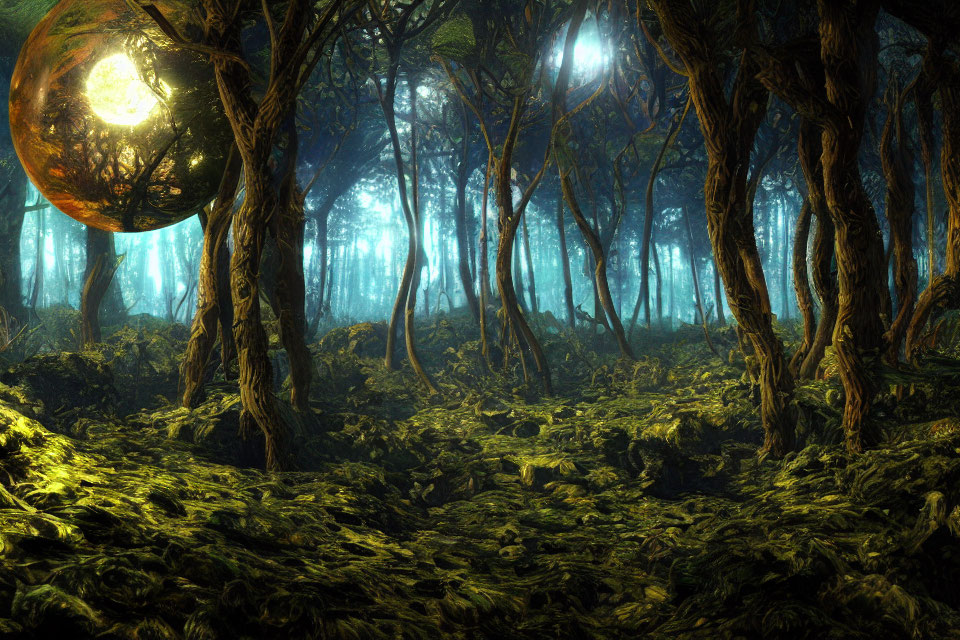 Mystical forest with towering trees and glowing orbs