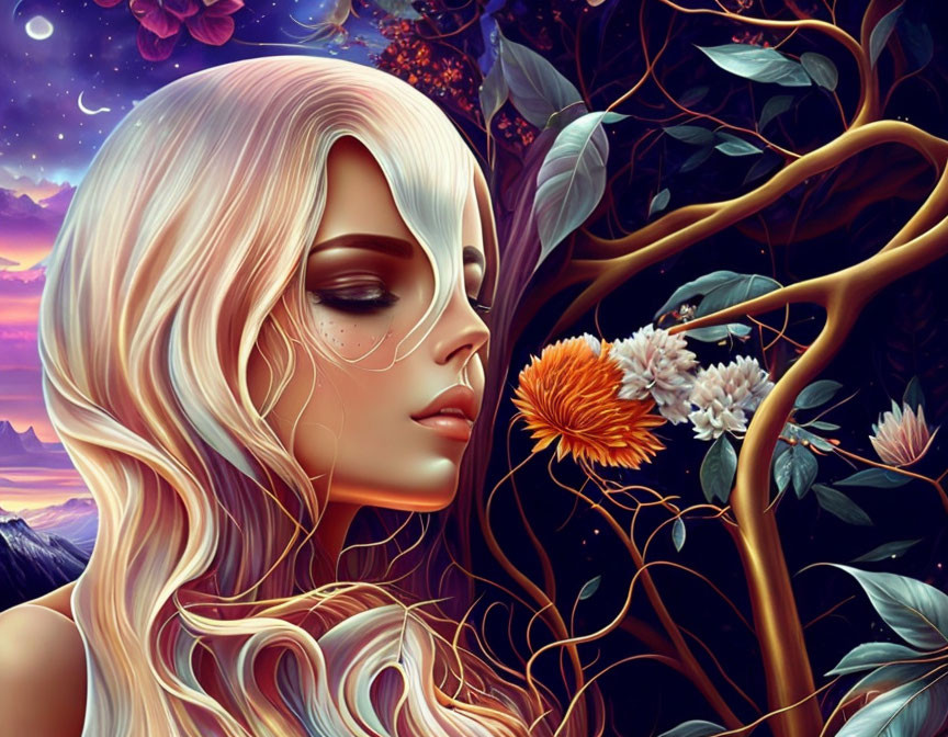 Pale-skinned woman with long blonde hair in profile amid vibrant floral backdrop