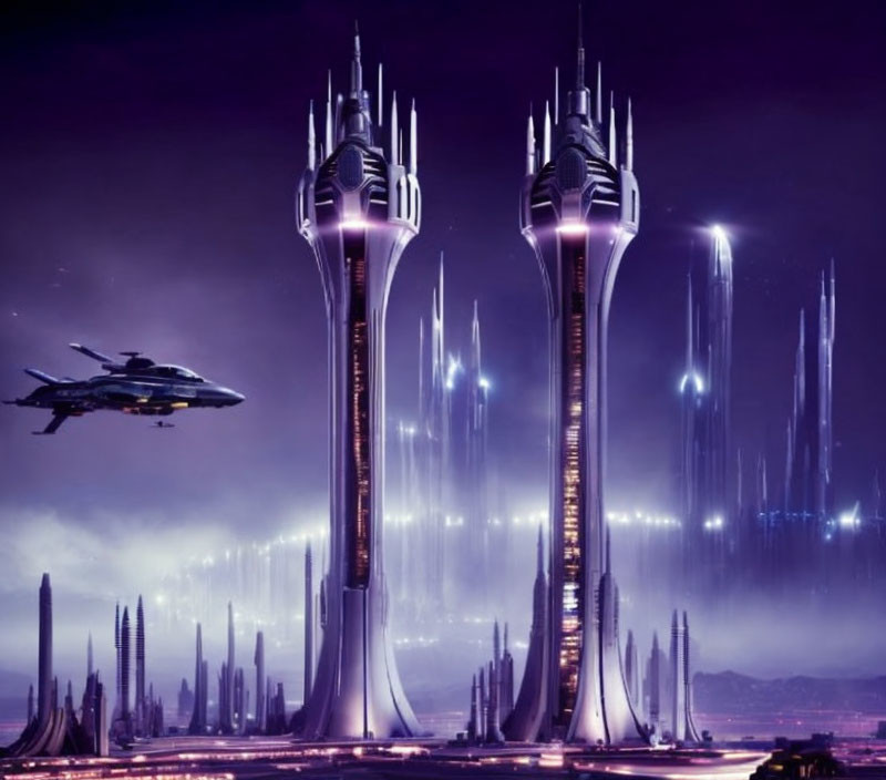 Futuristic night cityscape with spire structures and flying vehicle.