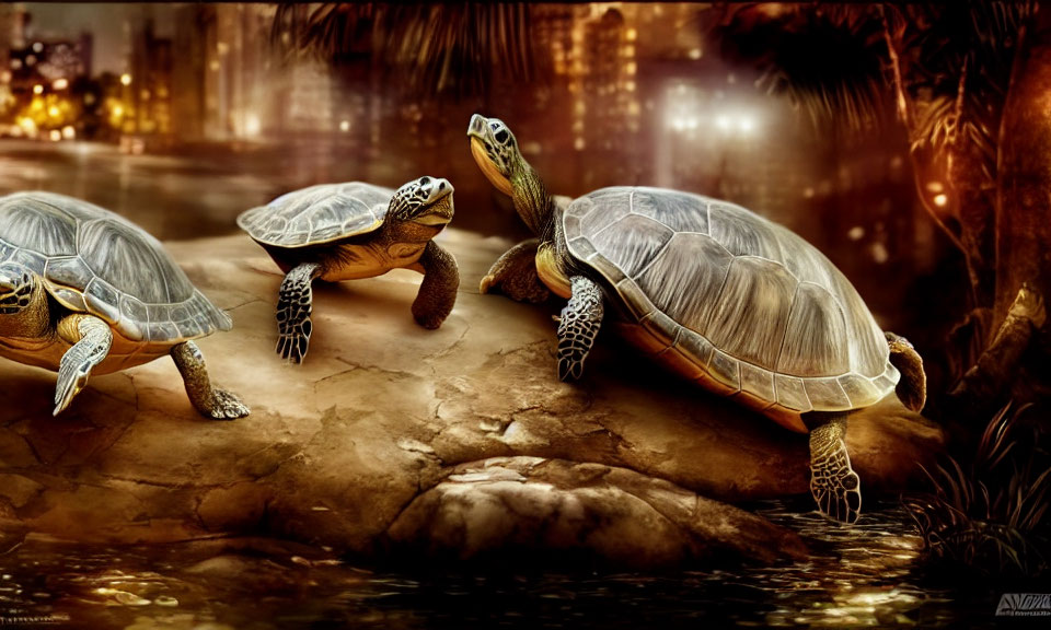 Two turtles on a rock by water with city lights backdrop