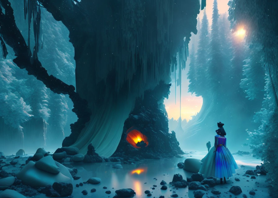 Mystical winter scene with figure in colorful cloak before glowing cave