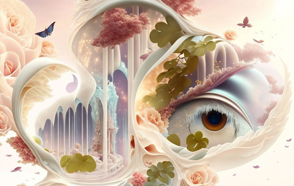 Surreal artwork: human eye, pastel flowers, architecture, butterfly