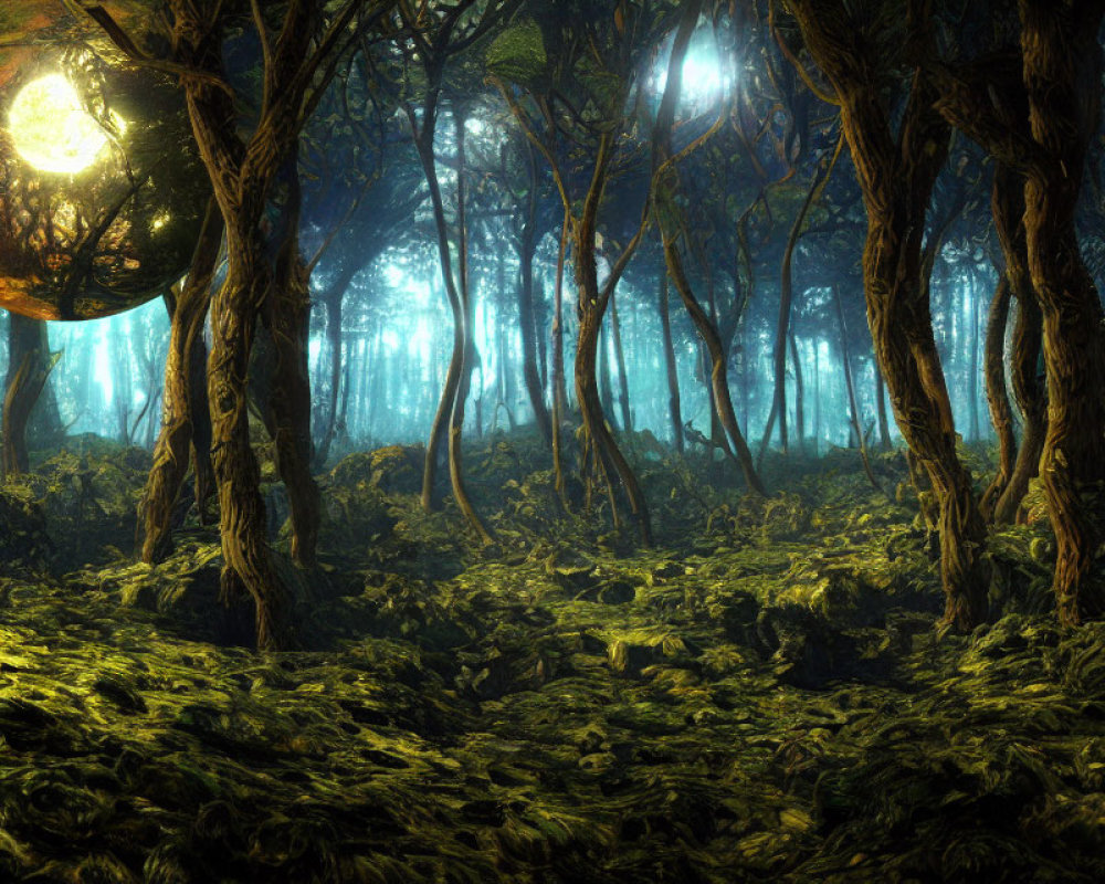 Mystical forest with towering trees and glowing orbs