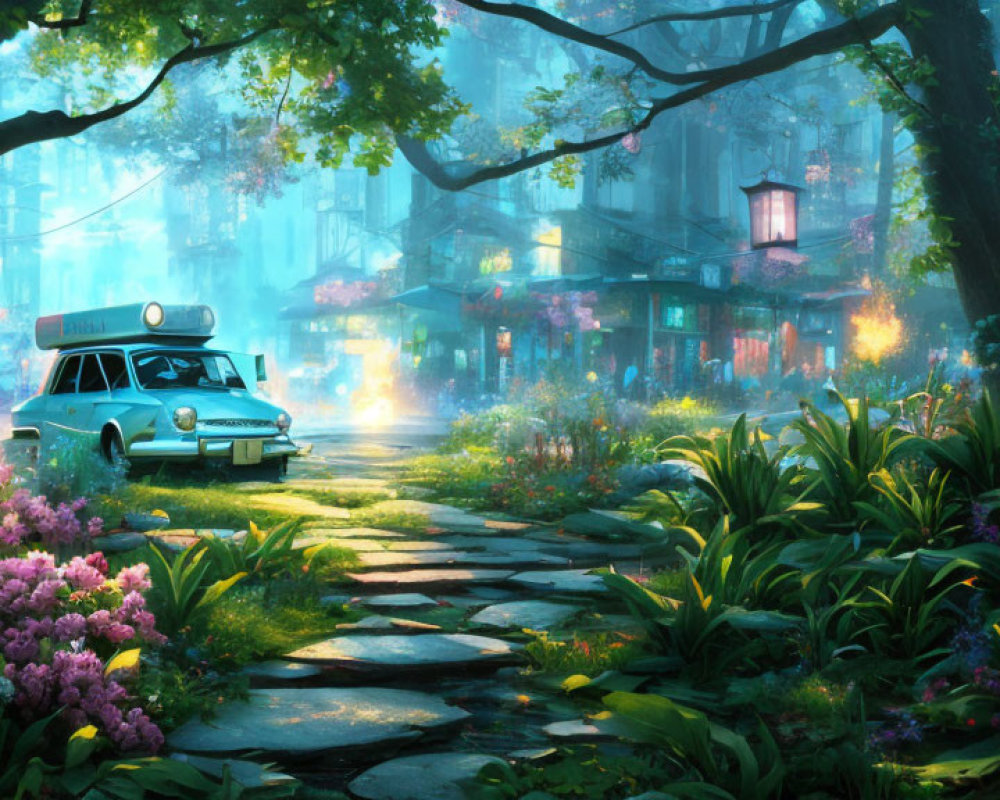 Enchanting forest scene with cobblestone path and retro ambulance car