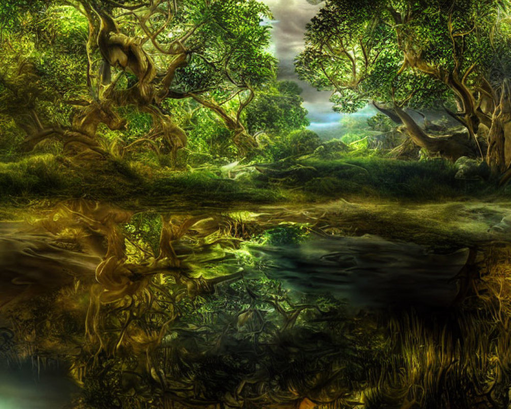 Mystical forest landscape with twisted trees and tranquil pond