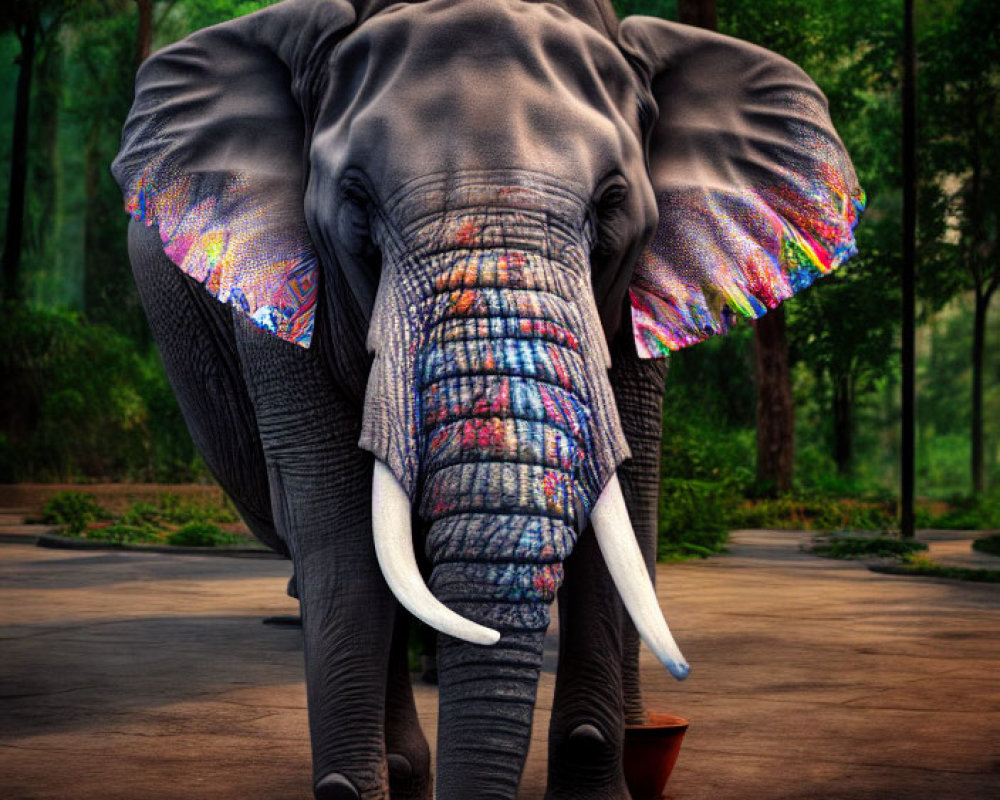 Colorful-eared elephant in forested setting on pathway