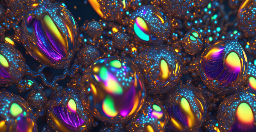 Colorful 3D rendering of iridescent orbs in neon blue and purple