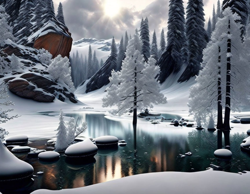 Snow-covered trees and rocks by frozen lake