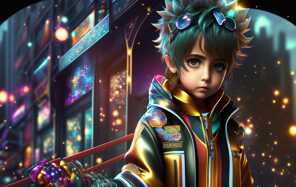 Digital artwork: Child with expressive eyes, spiky hair, holding a red sword, in futuristic