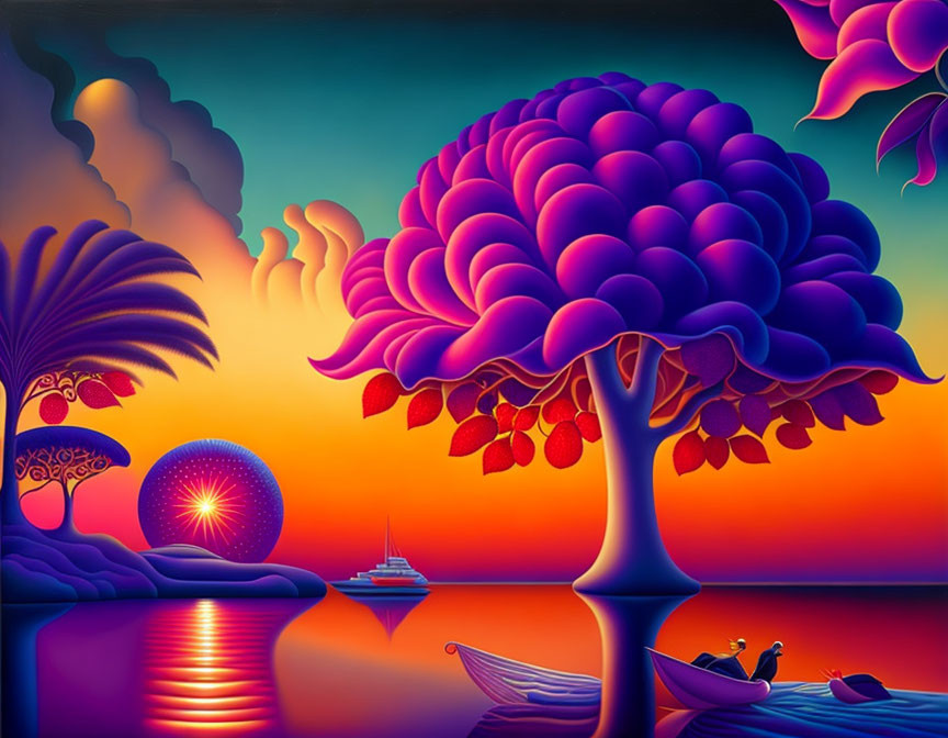 Colorful surreal sunset landscape with purple tree, reflective sea, boat, and geometric sphere.