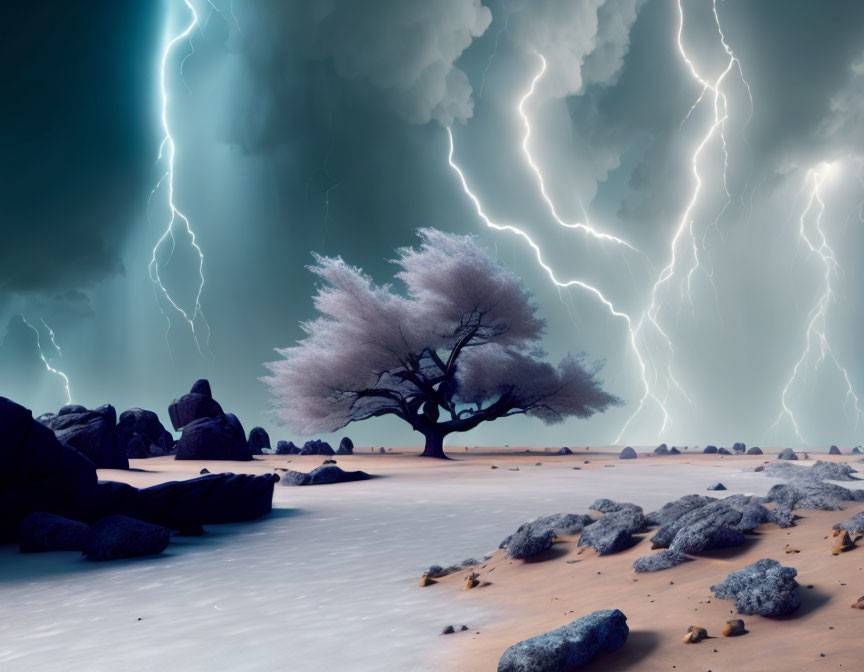 Desolate landscape with lone tree under stormy sky and lightning