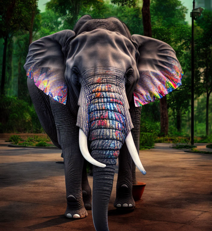 Colorful-eared elephant in forested setting on pathway