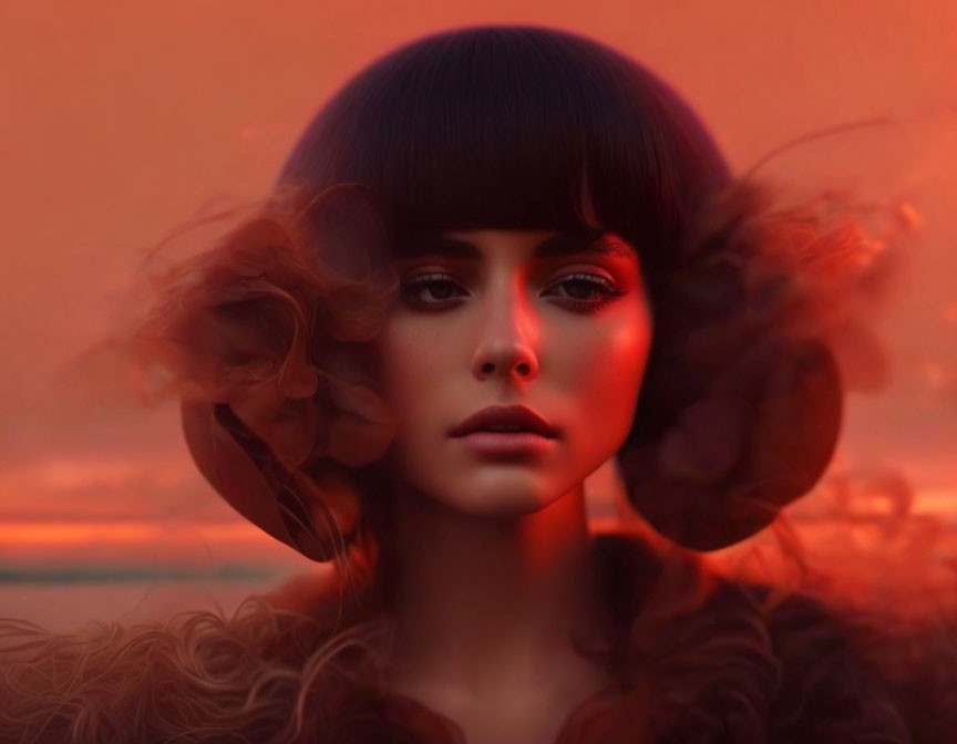 Dark-haired woman with striking makeup in warm tones and translucent floral shapes.