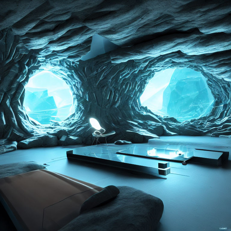 Futuristic cave-like room with glowing crystals and modern furniture