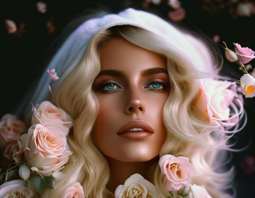 Digital artwork: Woman with blonde hair, blue eyes, surrounded by pink roses