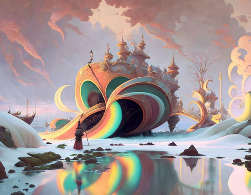 Fantastical shell-like building in surreal landscape