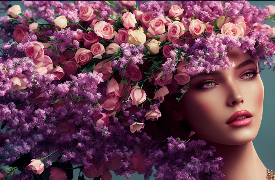 Portrait of Woman with Pink Rose and Purple Flower Floral Hat