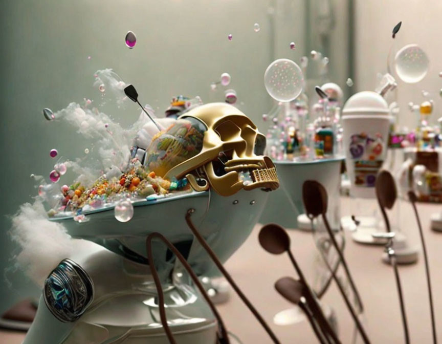 Skull-spouting jet engine on table with candies and bubbles