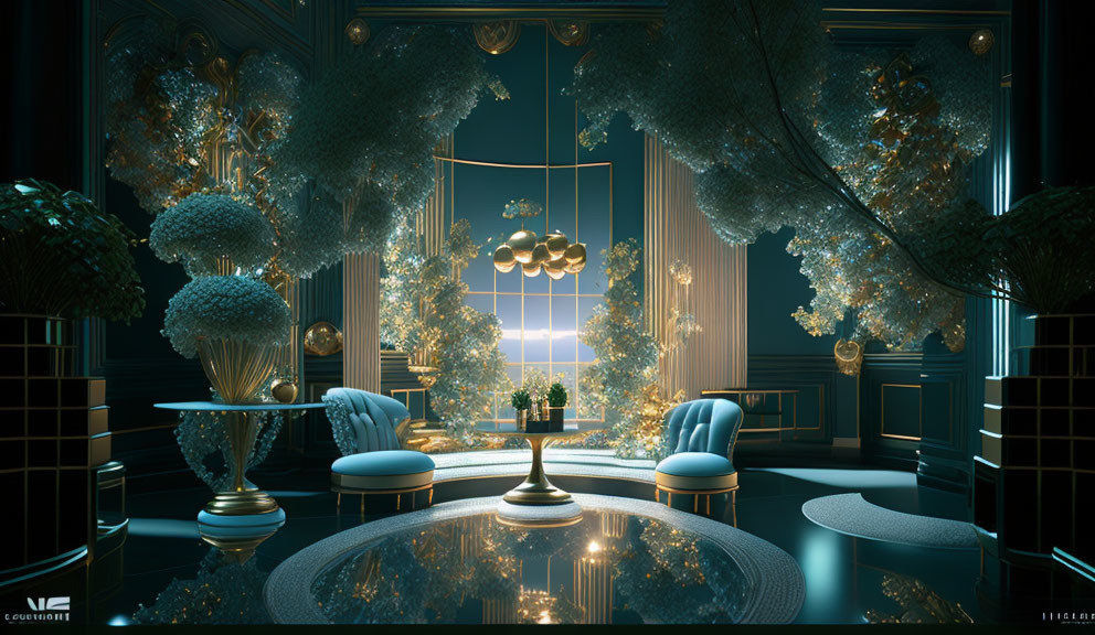 Elegant Room with Blue Chairs, Golden Lights, Large Windows, and White Floral Decorations