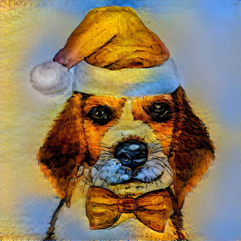 Chien portant un bonnet de Noel et un nœud papillo