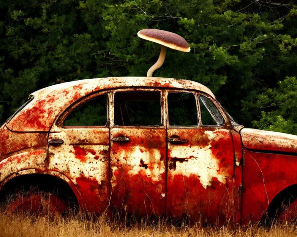Rusty red car with large mushroom in overgrown grass by dense trees