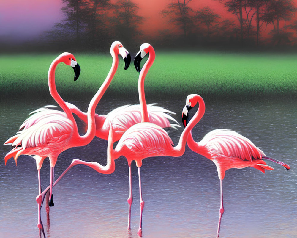 Vibrant pink flamingos in shallow water at sunset