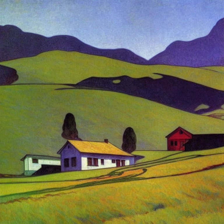 Stylized painting of rural landscape with white house and rolling hills