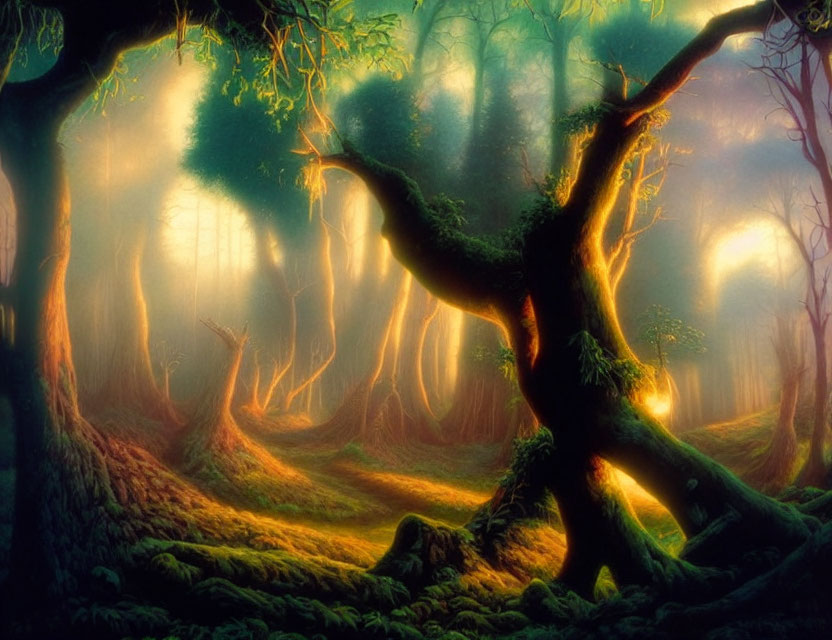 Enchanting forest scene with sunlight filtering through dense trees