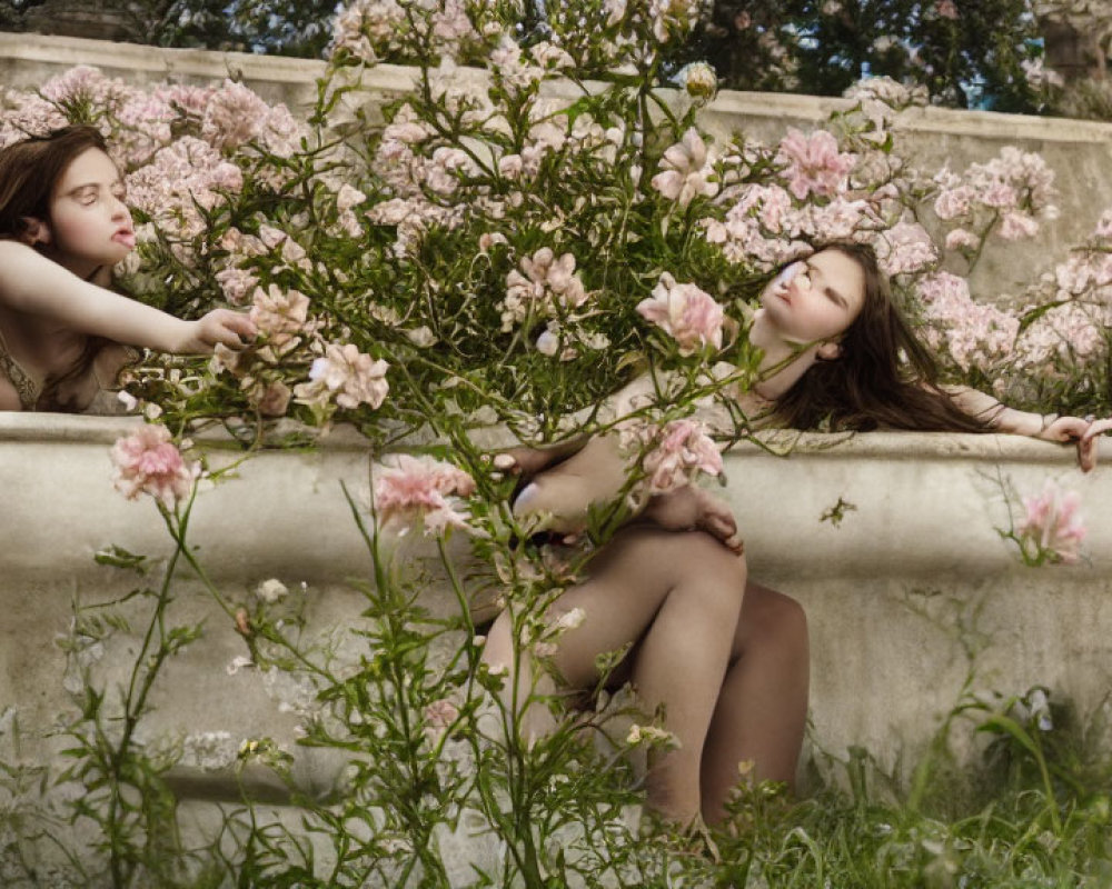 Two people relaxing in a floral bath with ancient wall backdrop.