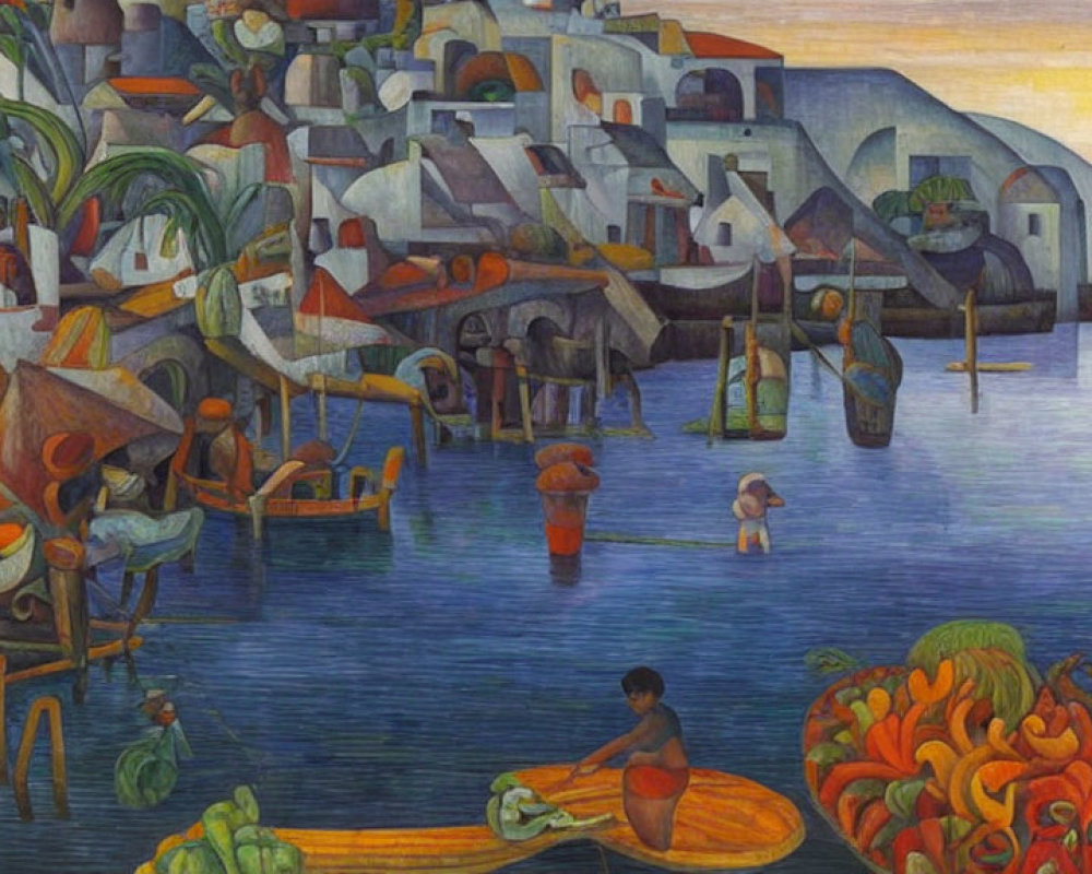 Vibrant painting of waterfront village with stilt houses and villagers in lush setting